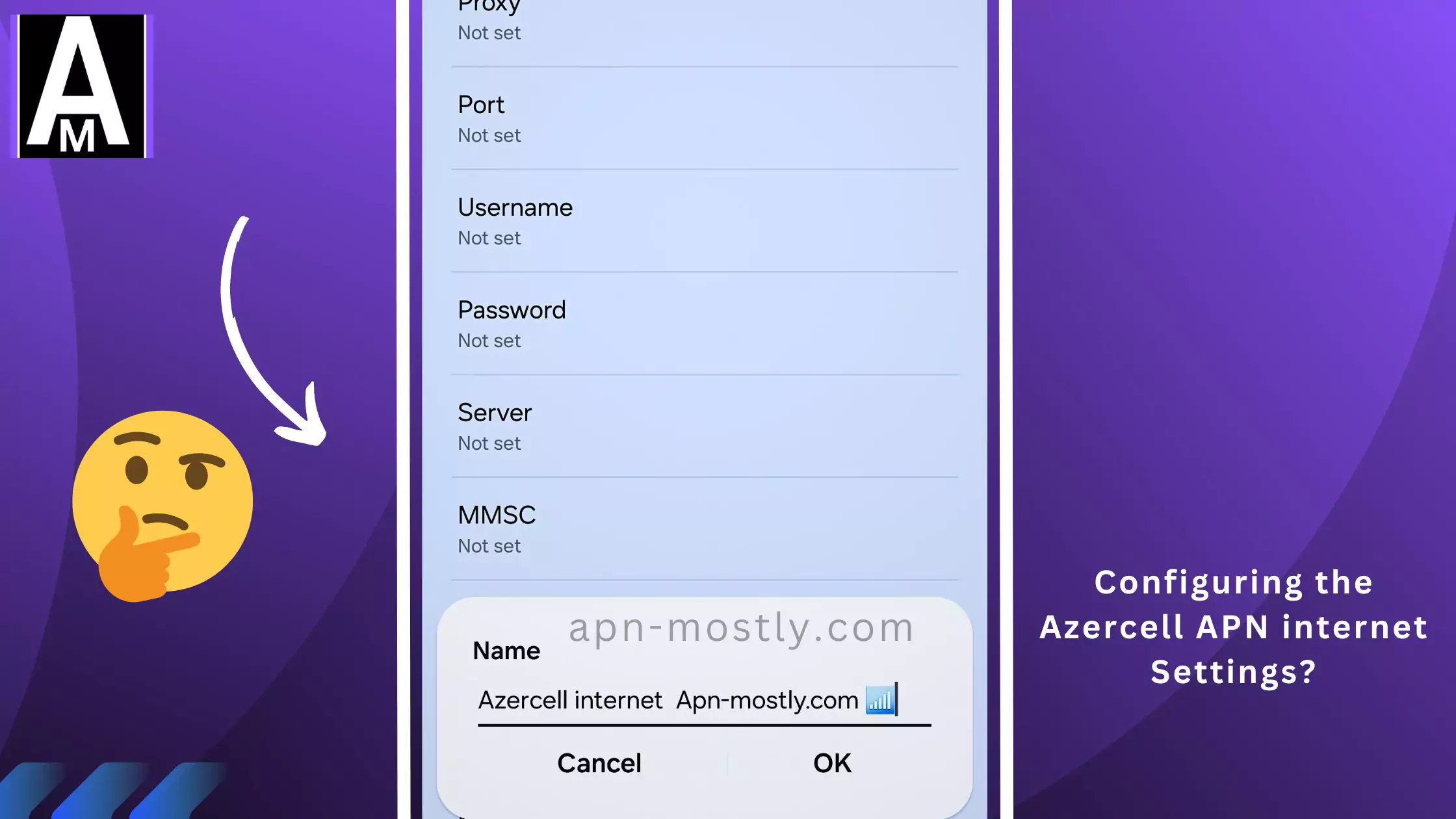 screenshot of configuring the apn for azercell with same overlay text and thinking emoji