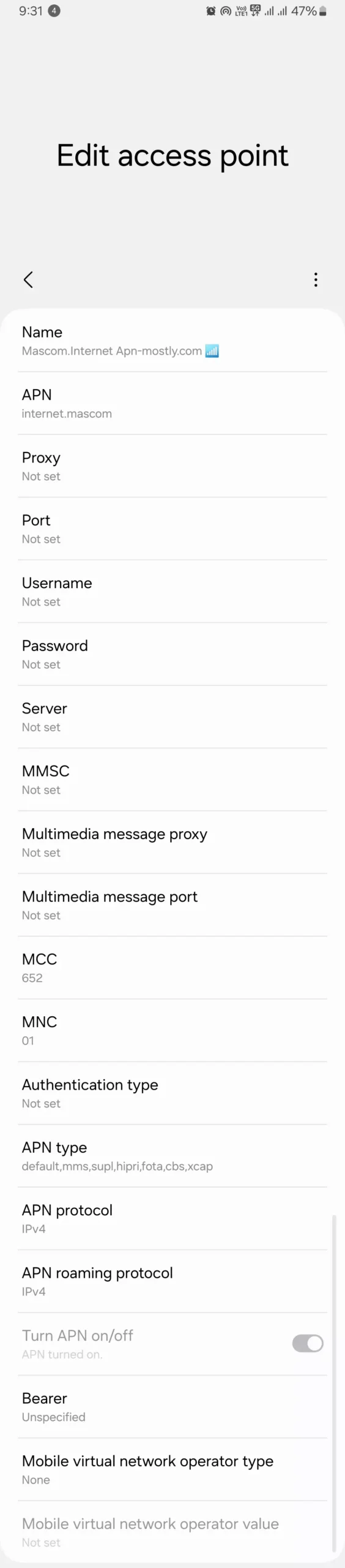 screenshot of edit access point complete apn for Mascom wireless