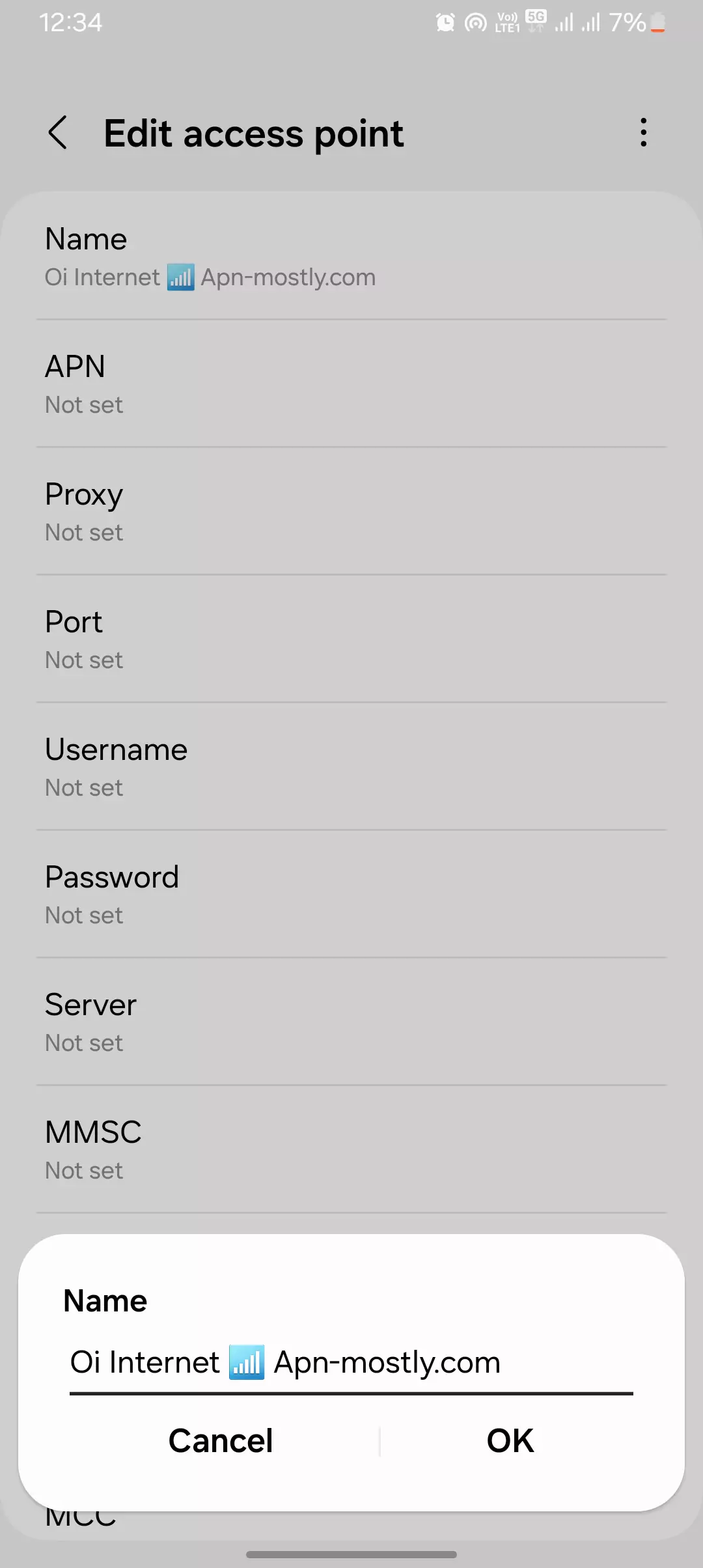 screenshot of naming the Oi internet for APN Mostly