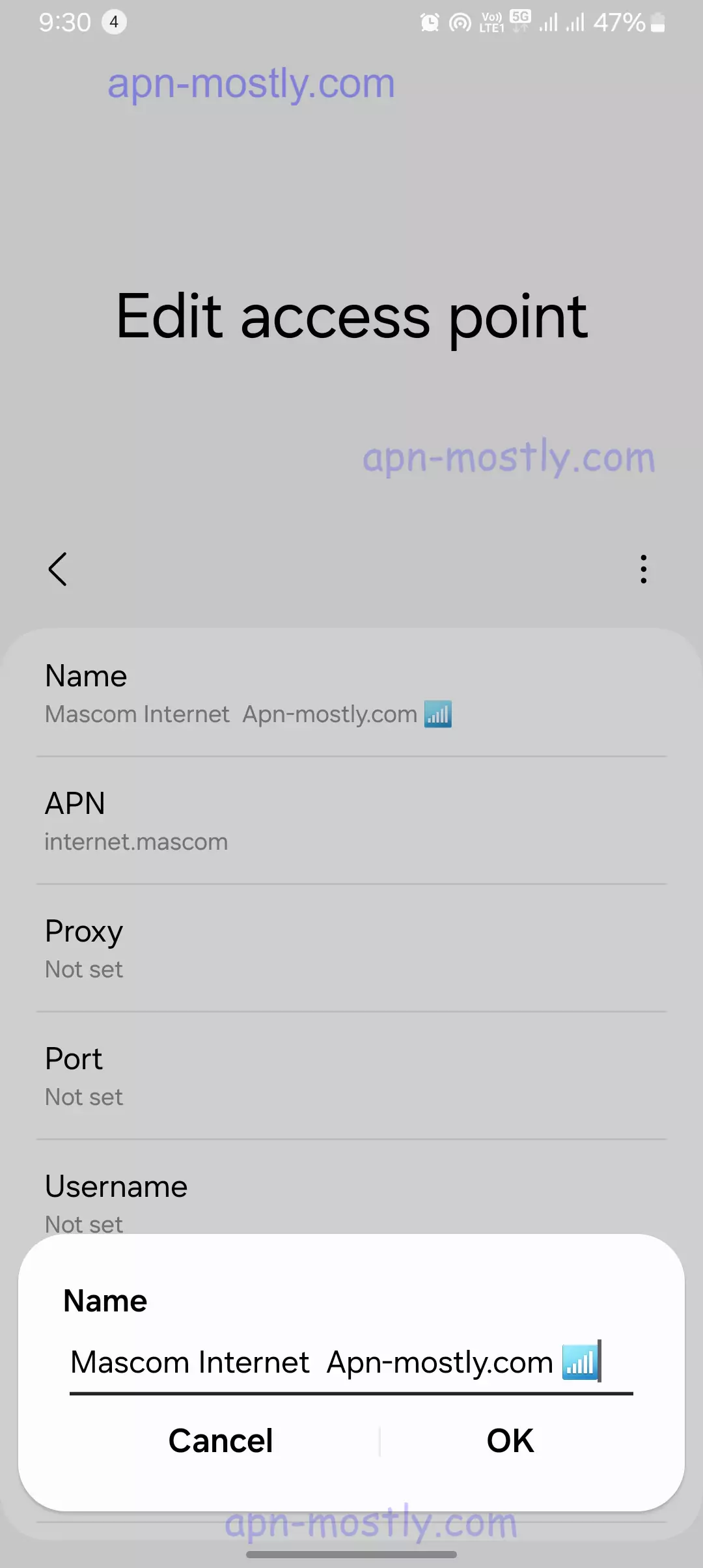 screenshot of naming the apn for mascom'