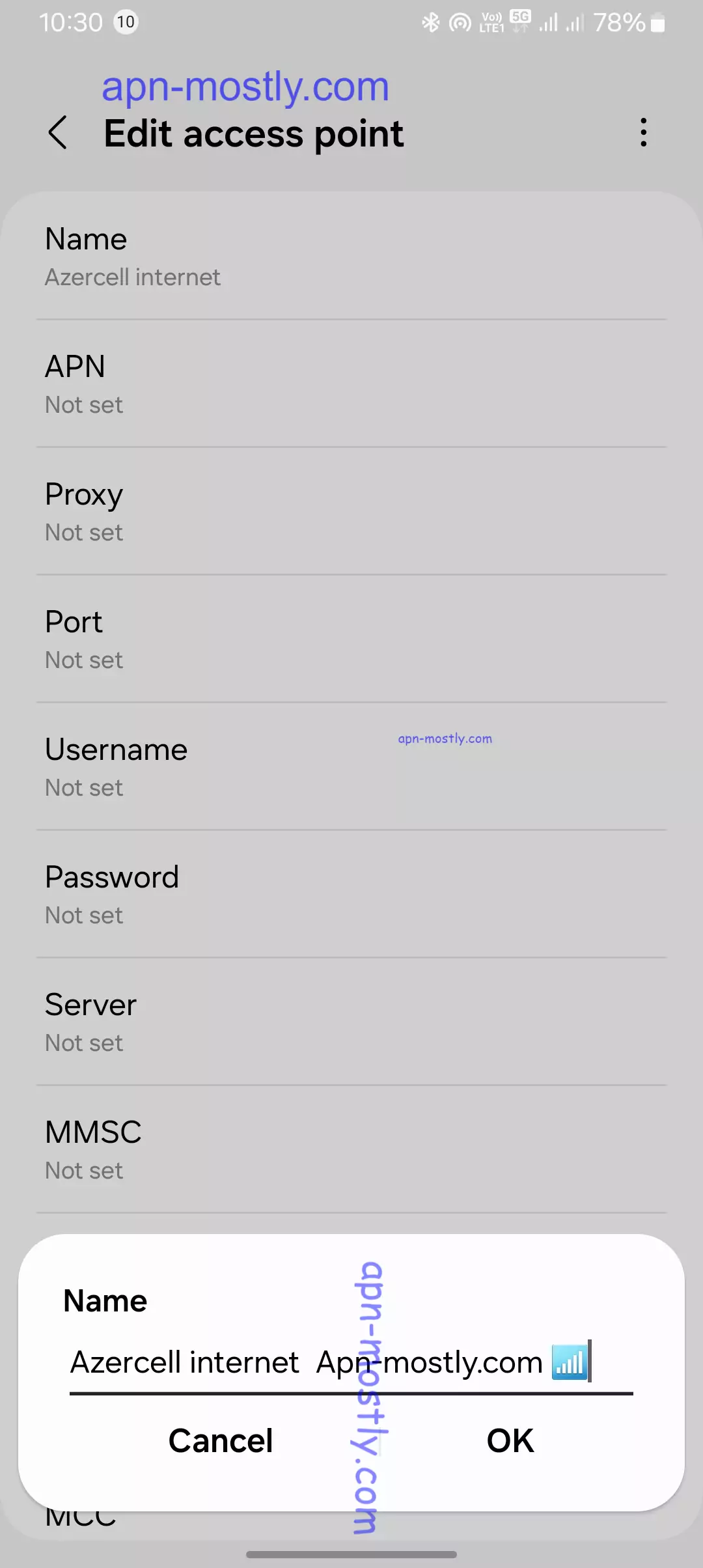 screenshot of naming the azercell internet apn