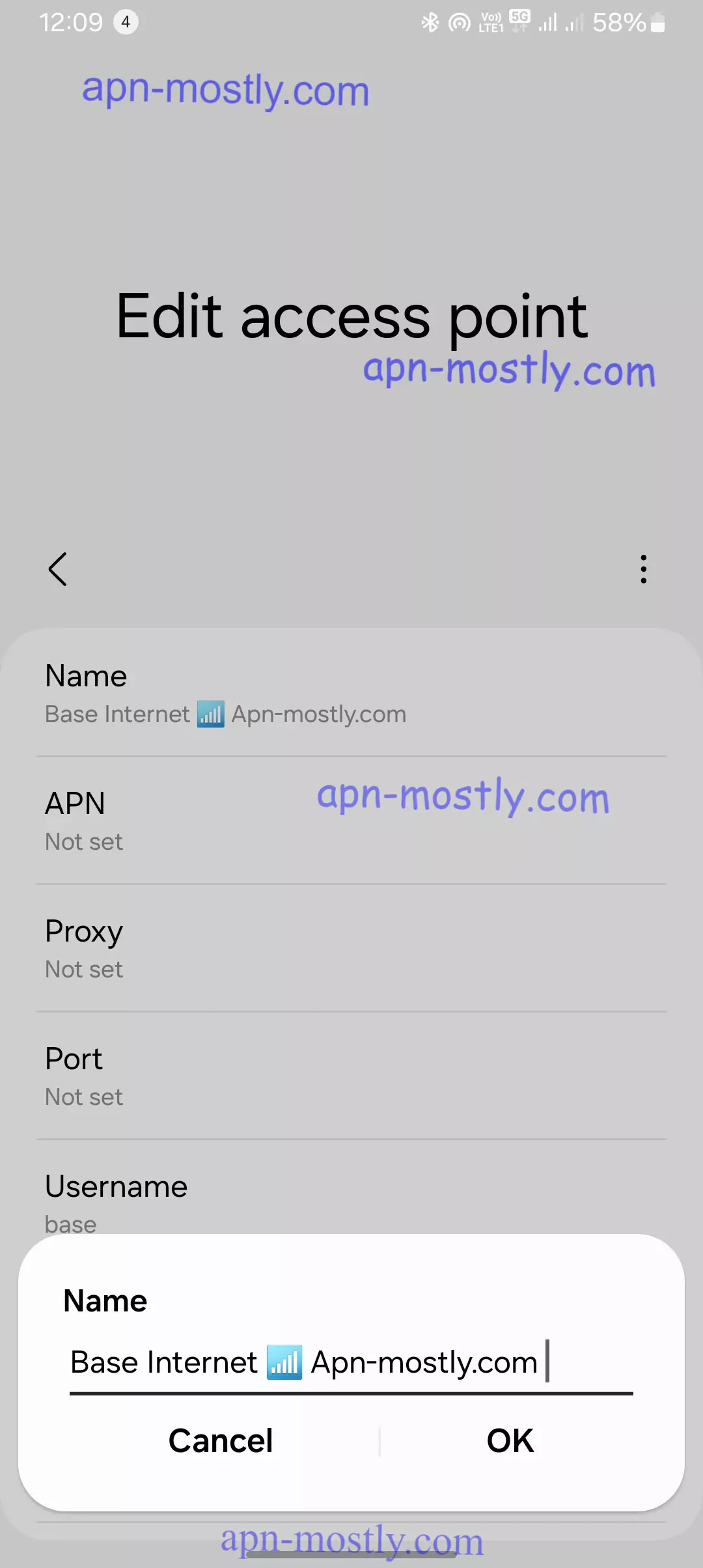 screenshot of naming the base belgium apn