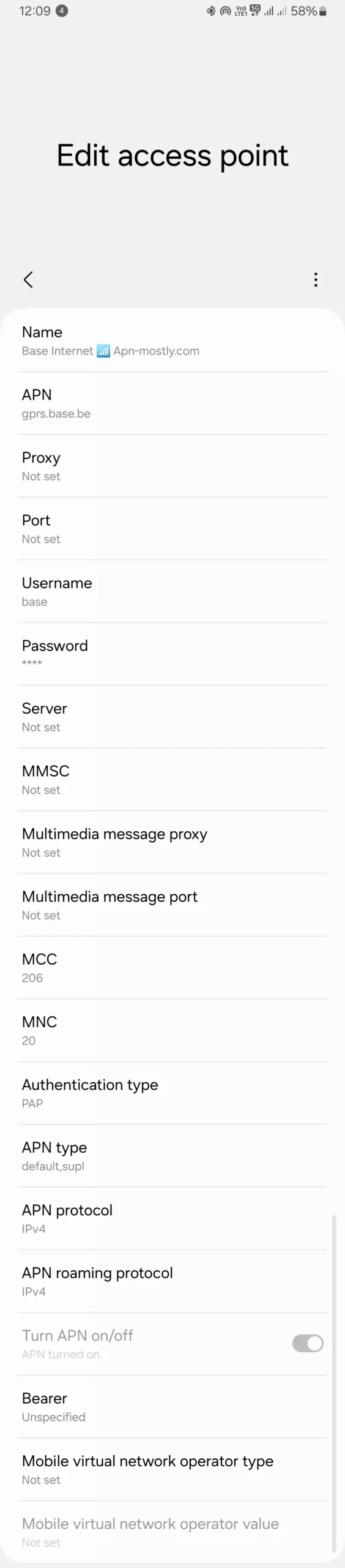 screenshot of the complete apn settings for the internet for the base belgium