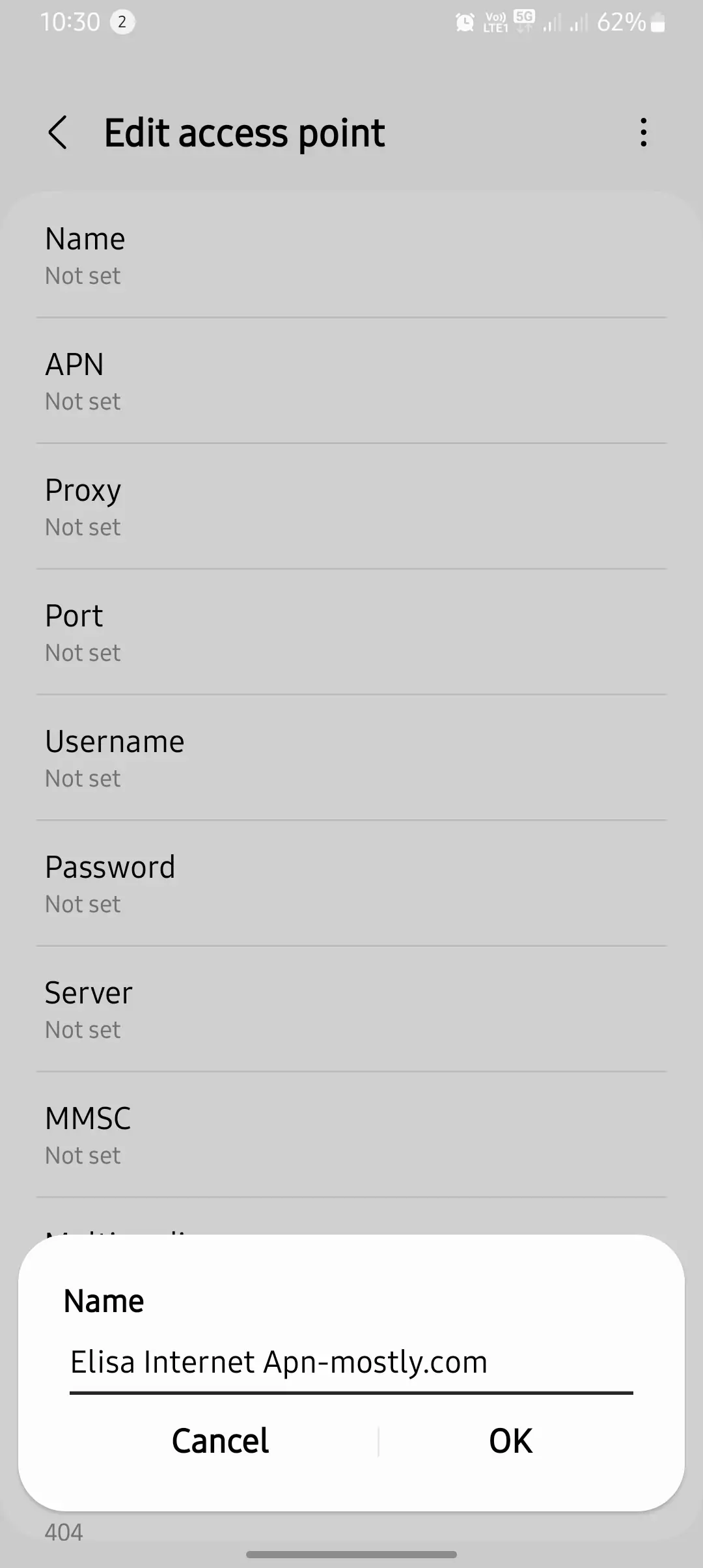 screenshot of naming the apn for elisa